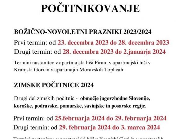 Razpis za uporabo nastanitvenih enot ZDGNS za božično-novoletne praznike 2023/2024 in zimske počitnice 2024